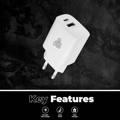 Pro Bass Rapidcharge Series 20w+18w Dual USB and Type-C Wall Charger - White