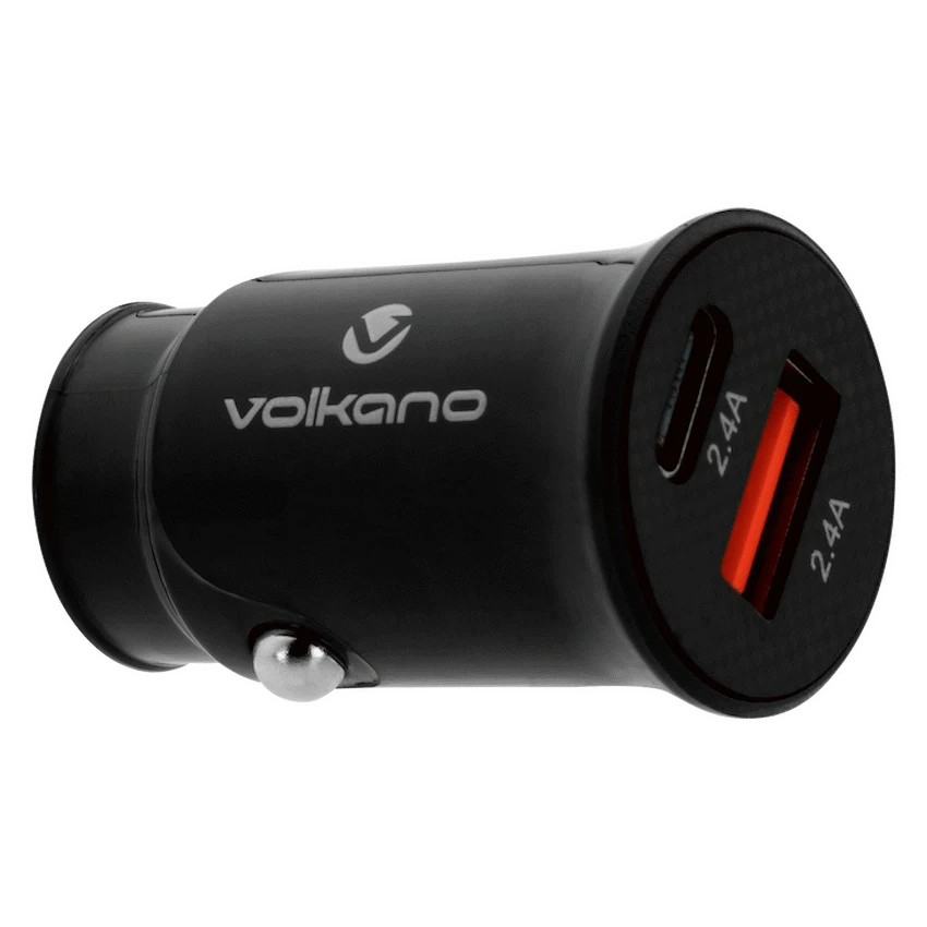 Volkano On-The-Go USB + Type-C 12w Car Charger - Black