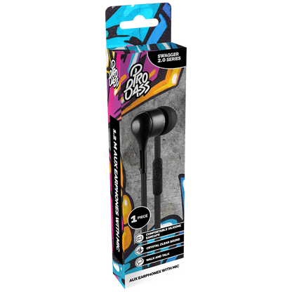 Pro Bass Swagger 2.0 Series - Boxed Auxiliary Earphone with Mic - Black