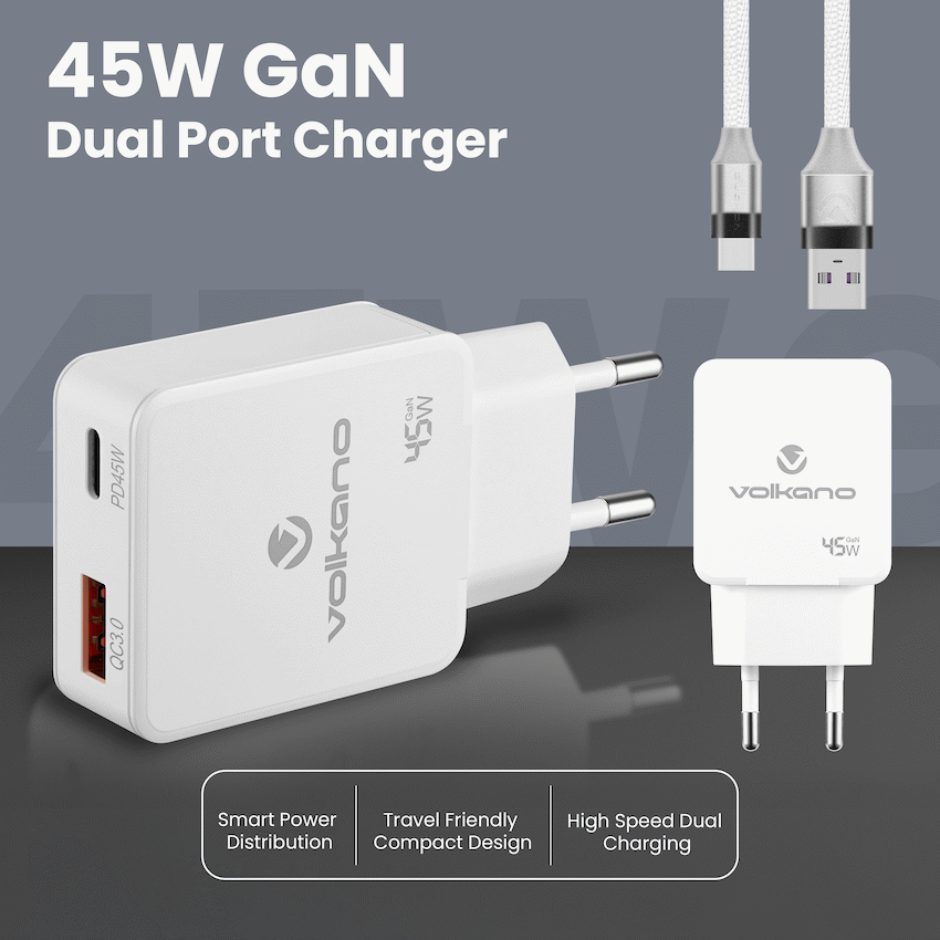 Volkano Potent Plus series 45W GaN Compact Dual USB and USB-C PD Wall Charger