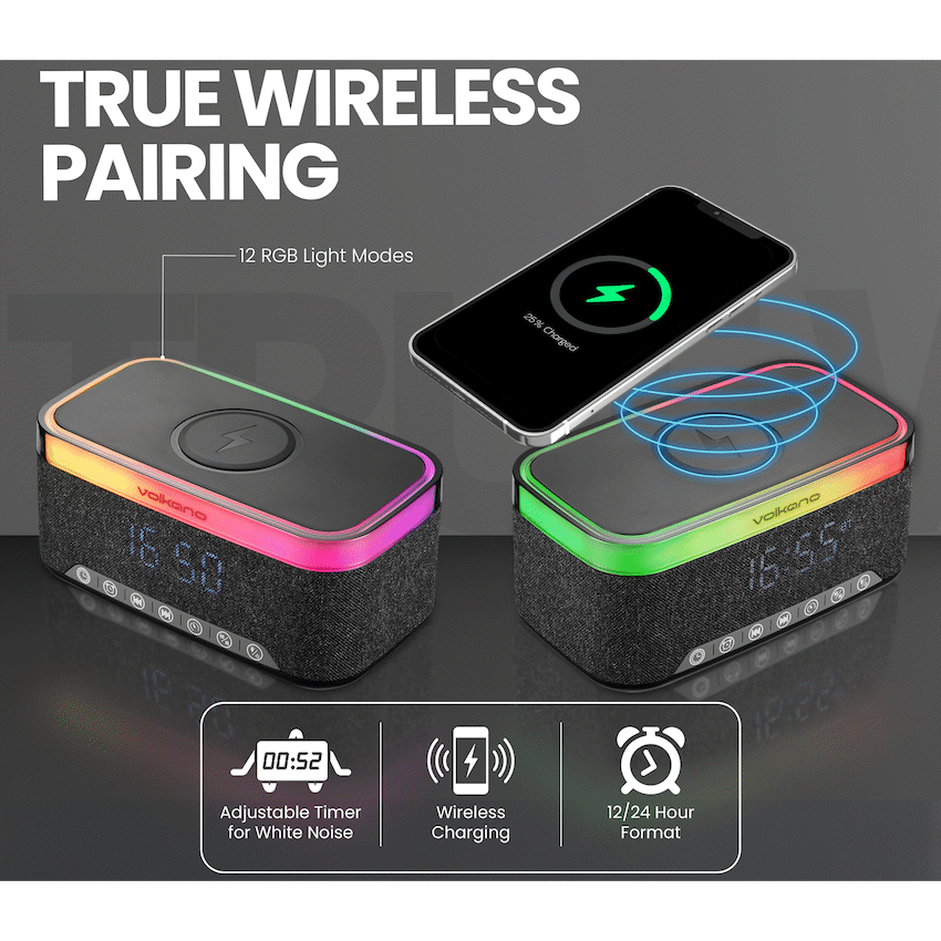 Volkano Radiant 2 Alarm Clock with Wireless Charging and Speaker - Black