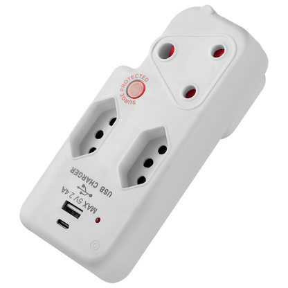 Switched 3-Way Medium Surge Adaptor with Type-C + USB - White