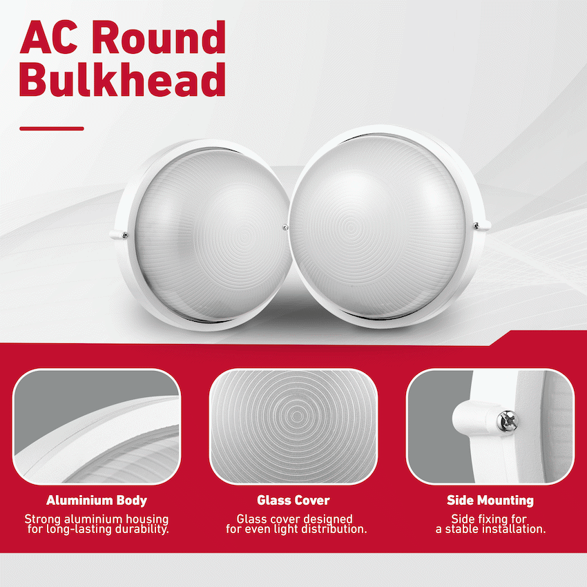 Ellies Illume Series - AC Round Bulkhead - Aluminium + Glass - E27 Base -WT