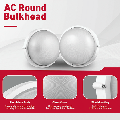 Ellies Illume Series - AC Round Bulkhead - Aluminium + Glass - E27 Base -WT