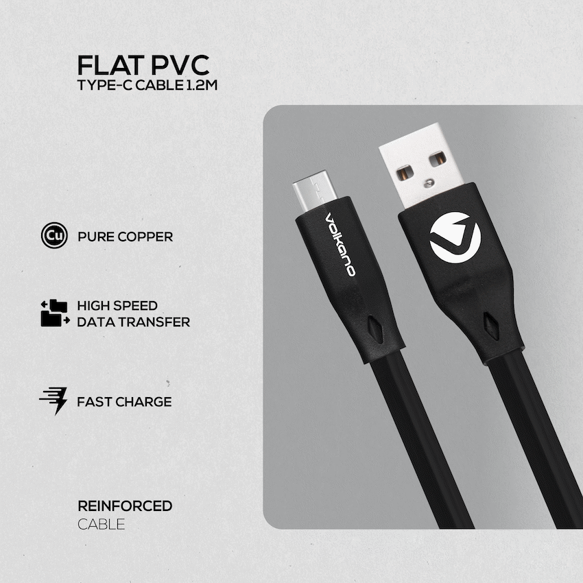 Volkano Slim Series Flat PVC Type-C Cable 1.2m - Black