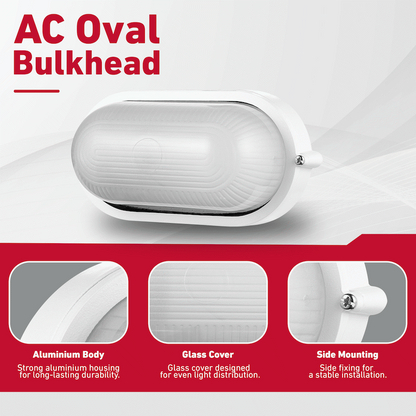 Ellies Illume Series - AC Oval Bulkhead - Aluminium + Glass - E27 Base - WT