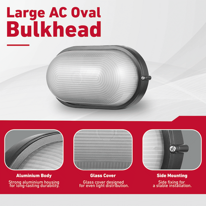 Ellies Illume Series - Large AC Oval Bulkhead - Aluminium  + Glass - E27 Base -BK