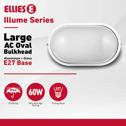 Ellies Illume Series - Large AC Oval Bulkhead - Aluminium + Glass - E27 Base -WT