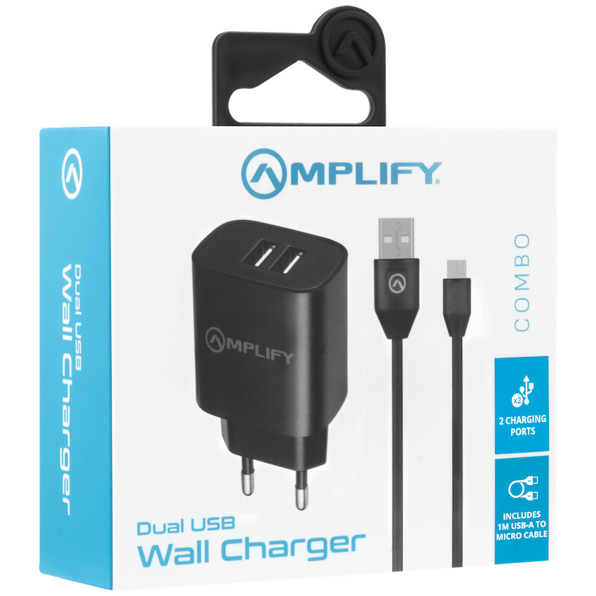 Amplify Dual USB A Wall Charger with USB A to Micro USB - Black