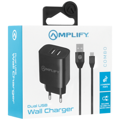 Amplify Dual USB A Wall Charger with USB A to Micro USB - Black