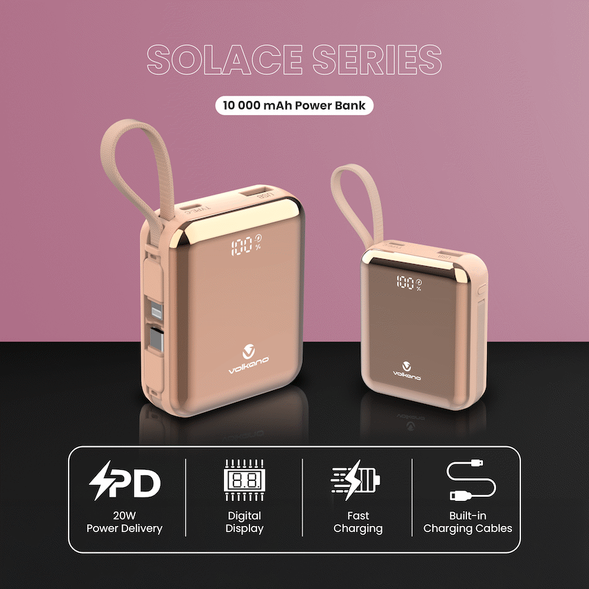 Volkano Solace Series 10 000 mAh Power Bank with Built-in USB-C & Lightning Cable - Pink & Rose Gold