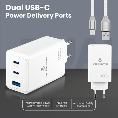 Volkano WattPro Series Triple Port 100W GaN Wall Charger - White