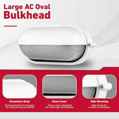 Ellies Arc Series - Large AC Oval Bulkhead - Aluminium + Glass - E27 Base -WT