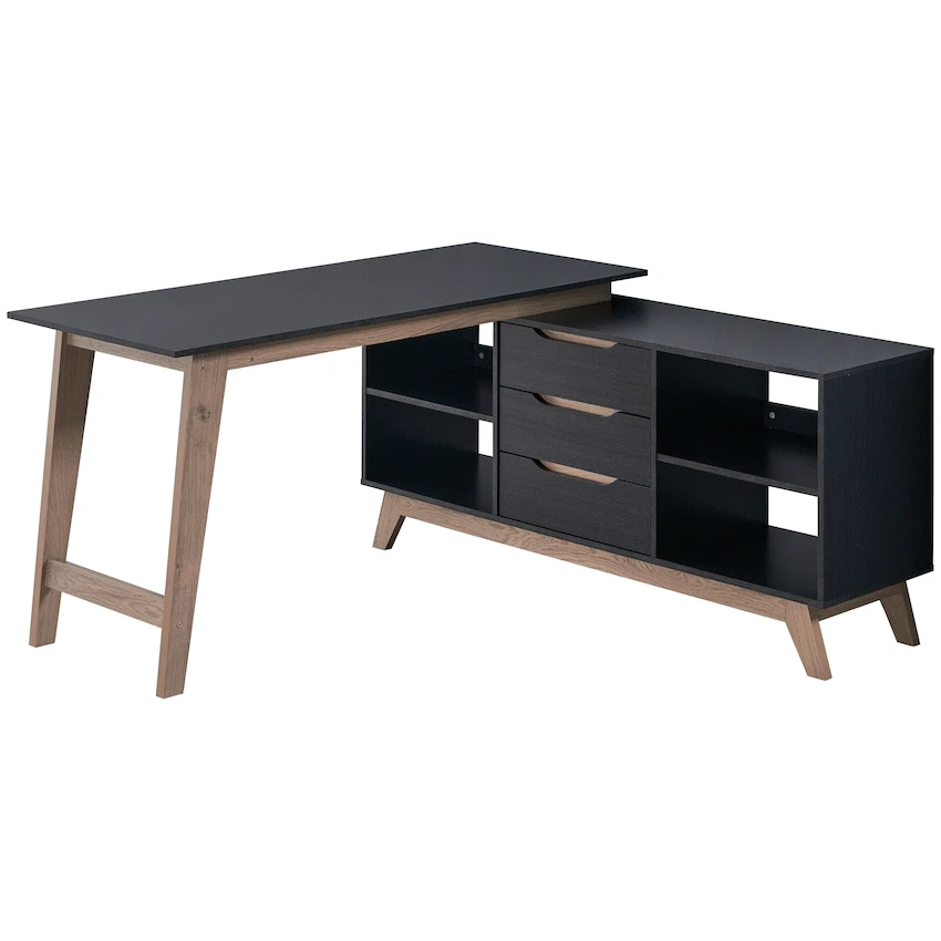 Everfurn Premium Lunar Office Desk - Black, L-Shaped Desk, With Storage