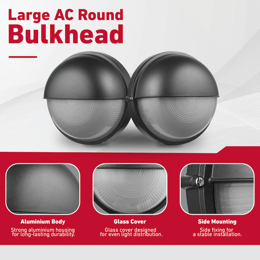 Ellies Arc Series - Large AC Round Bulkhead - Aluminium + Glass - E27 Base -BK