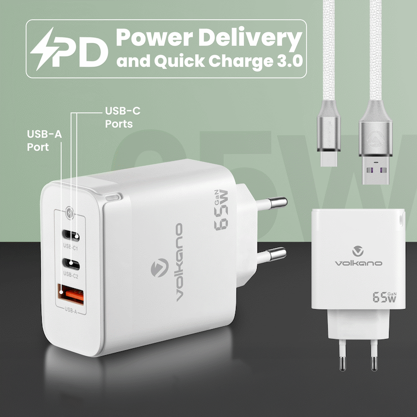 Volkano Potent Trio 65w GaN 3 Port Wall Charger