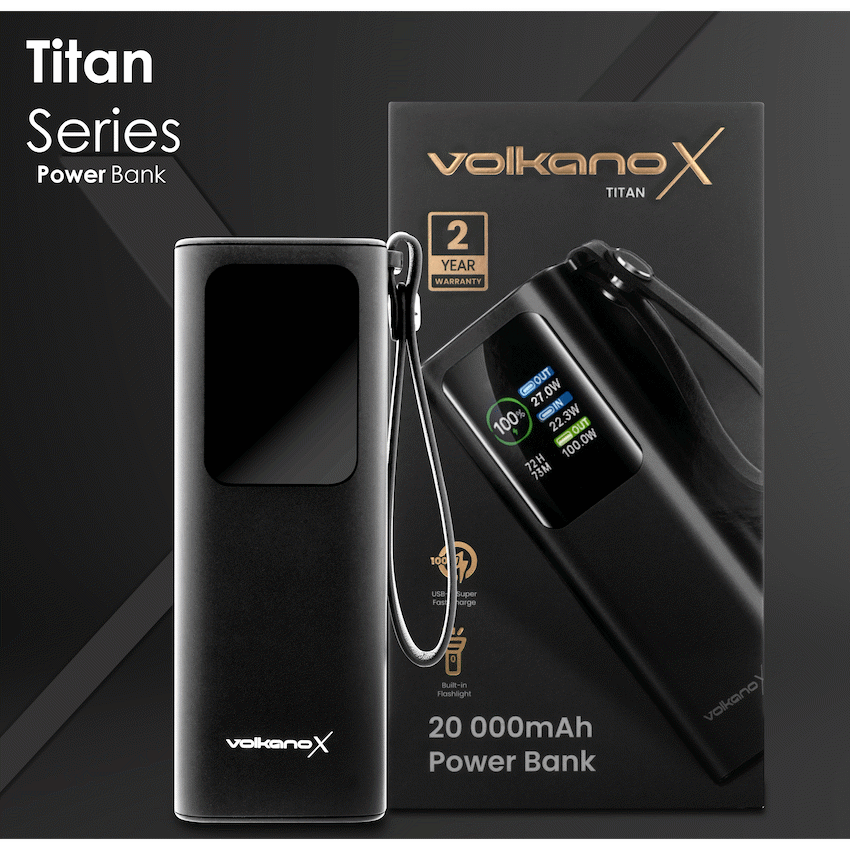 VolkanoX Titan Series - 20 000 mAh - Power Bank with retractable Type-C Cable with Flashlight