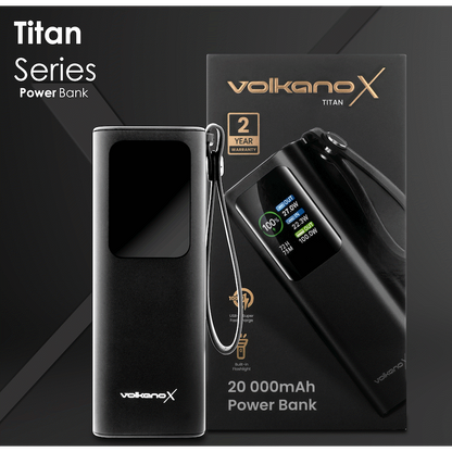VolkanoX Titan Series - 20 000 mAh - Power Bank with retractable Type-C Cable with Flashlight