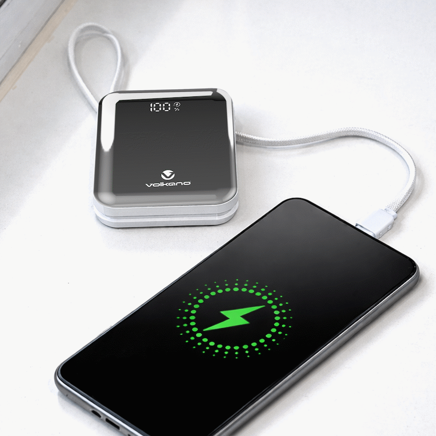 Volkano Solace Series 10 000 mAh Power Bank with Built-in USB-C & Lightning Cable - White & Silver