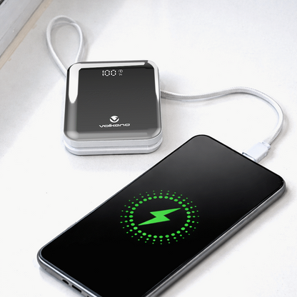 Volkano Solace Series 10 000 mAh Power Bank with Built-in USB-C & Lightning Cable - White & Silver