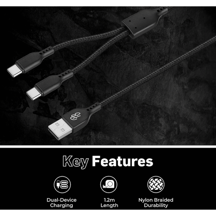 Pro Bass Cord Series 1.2m 15w USB-A to 2x USB-C Braided - Black