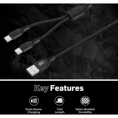 Pro Bass Cord Series 1.2m 15w USB-A to 2x USB-C Braided - Black