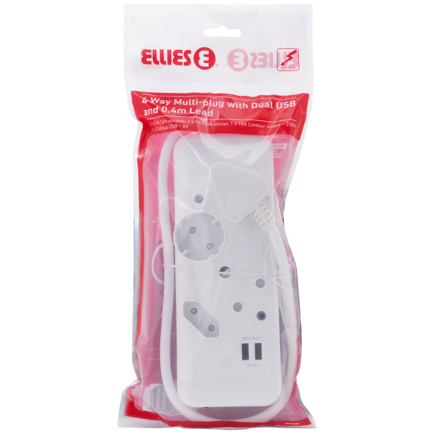 Ellies 4-Way Multiplug - 2 x USB 2.4a - 0.4m
