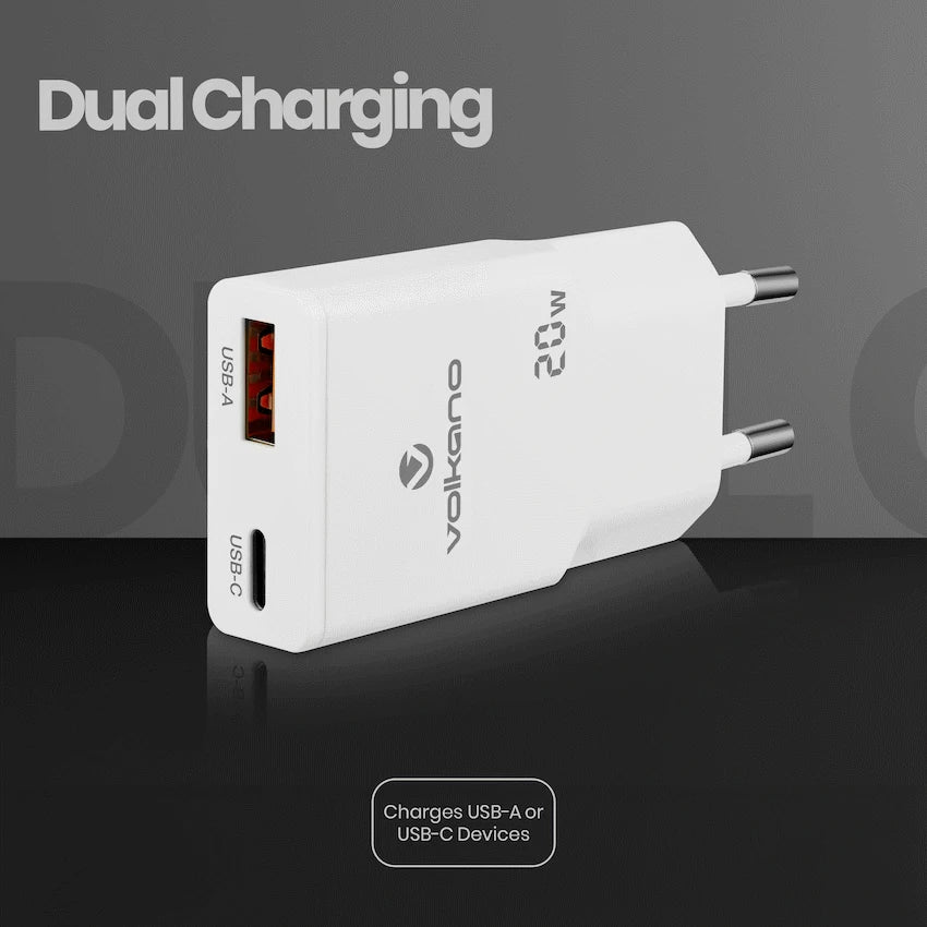 Volkano Mighty Series 20w Dual USB-A & USB-C GaN Wall Charger