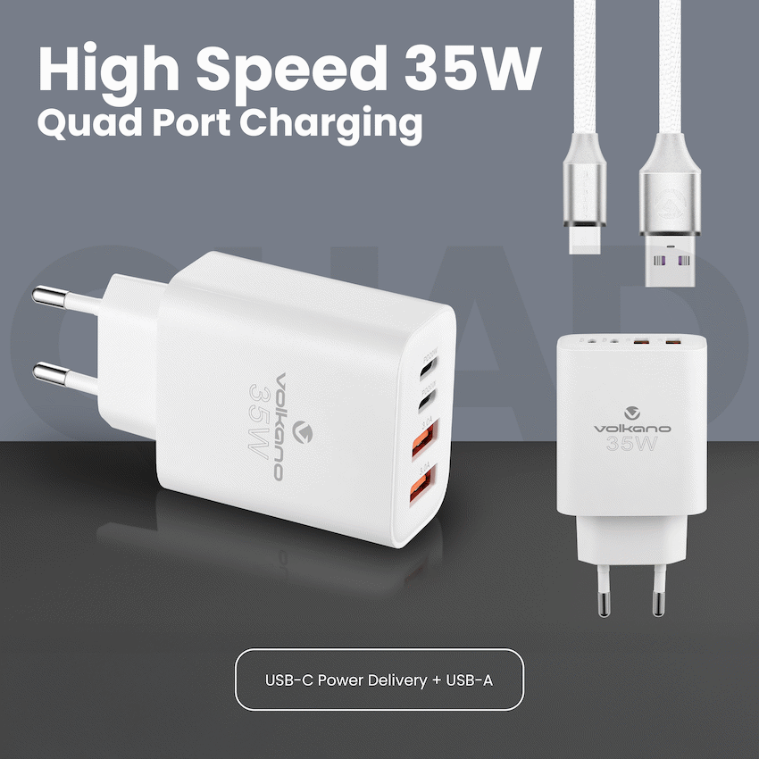 Volkano Quad Series 2x PD USB-C 2x USB-A 3a 35W Wall Charger