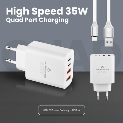Volkano Quad Series 2x PD USB-C 2x USB-A 3a 35W Wall Charger