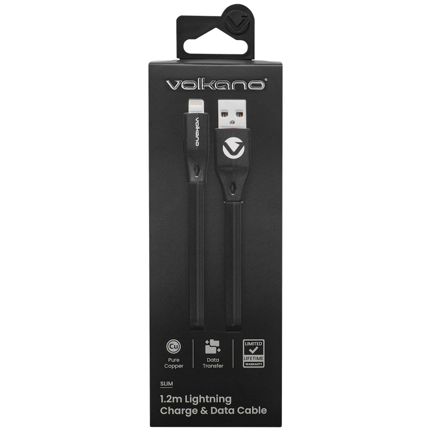 Volkano Slim Series Flat PVC Lightning Cable 1.2m - Black