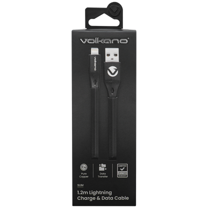 Volkano Slim Series Flat PVC Lightning Cable 1.2m - Black