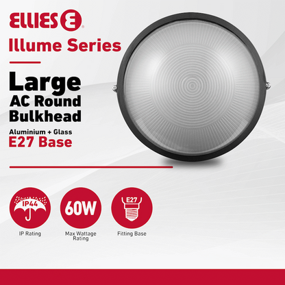 Ellies Illume Series - Large AC Round Bulkhead - Aluminium + Glass - E27 Base -BK