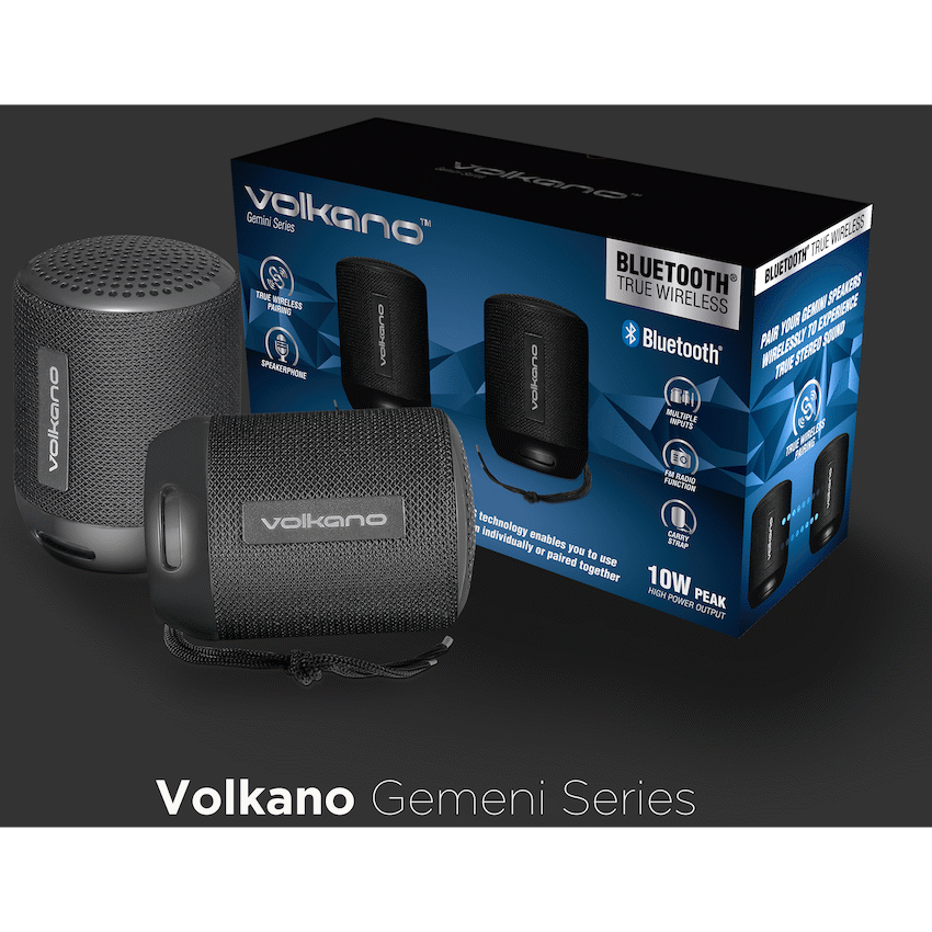 Volkano Gemini Series Pair of True Wireless Bluetooth Speakers - Black