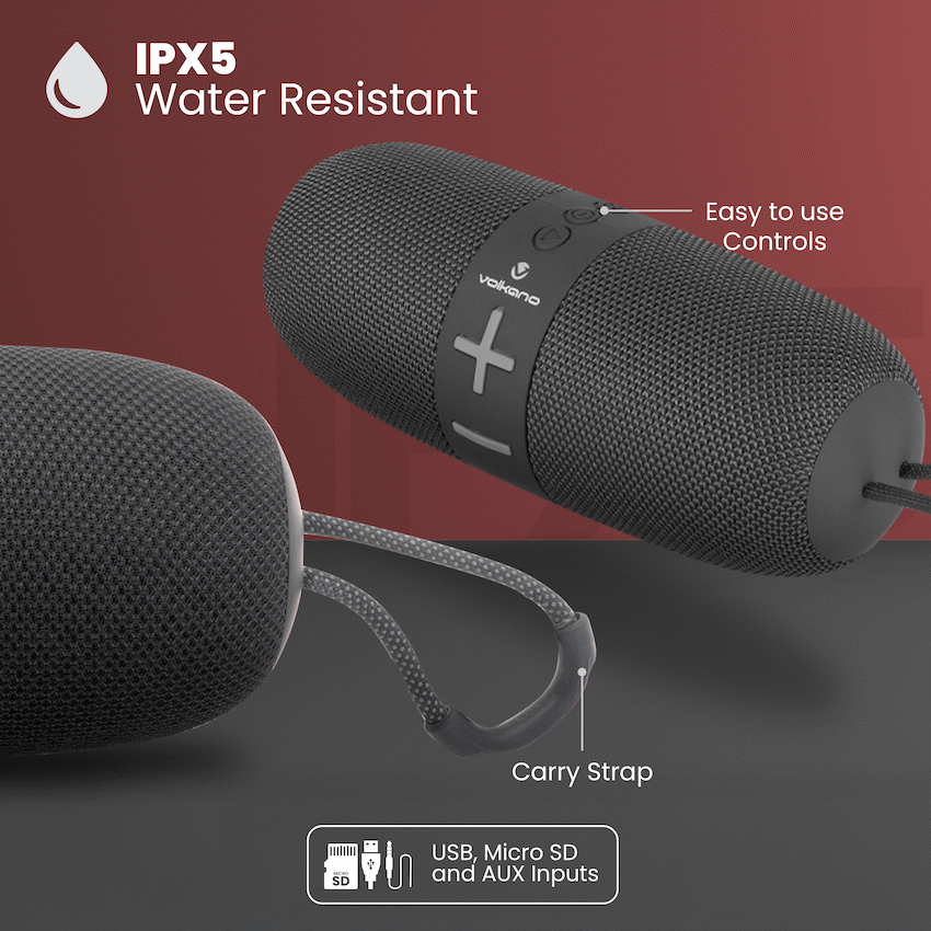 Volkano Flow Series Portable Bluetooth Speaker - Black with Grey Buttons