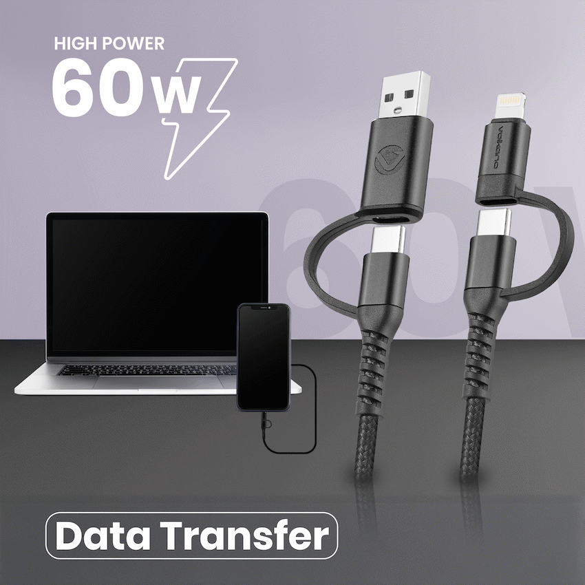 Volkano Weave Series 4-in-1 Charge & Data Cable 60w - 1.2m/4ft