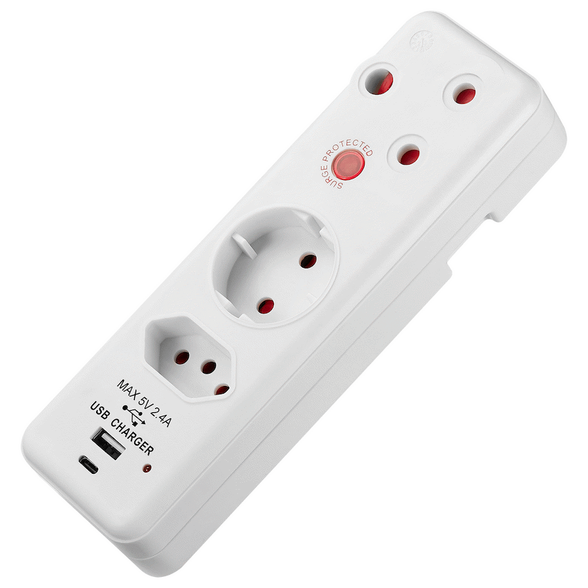 Switched 3-Way Medium Surge Adaptor - Schuko with Type-C + USB