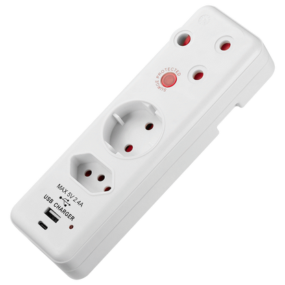 Switched 3-Way Medium Surge Adaptor - Schuko with Type-C + USB
