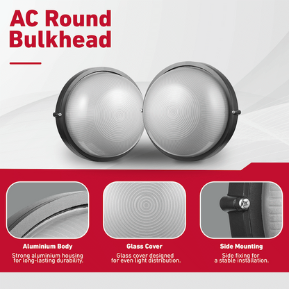 Ellies Illume Series - AC Round Bulkhead - Aluminium + Glass - E27 Base -BK