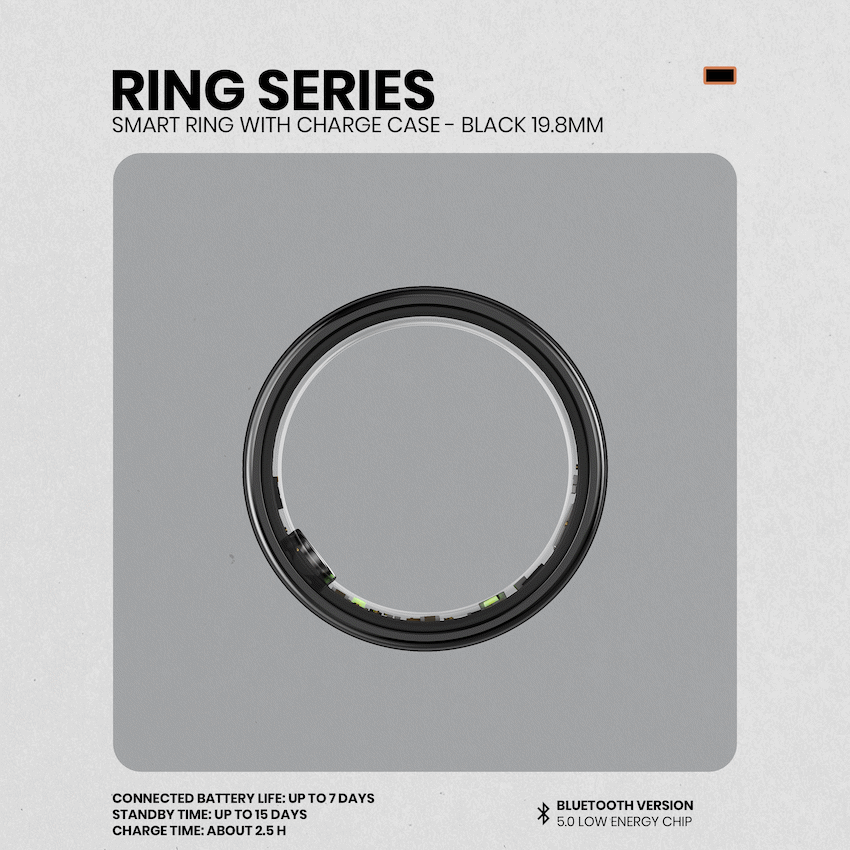 Volkano Ring Series Smart Ring with Charge Case - Black 19.8mm