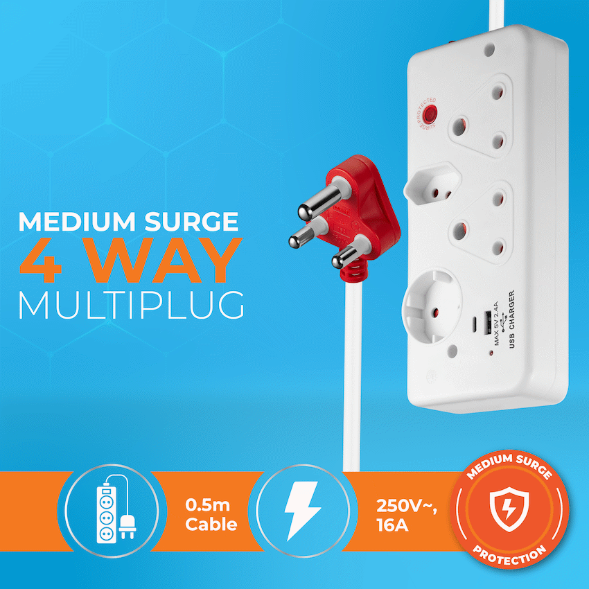 Switched 4-Way with 1x Type-C + 1x USB 2.4a Socket Medium Surge-Protected 0.5m
