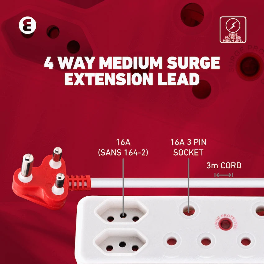 Ellies 4-Way Medium Surge Extension Lead - 3m