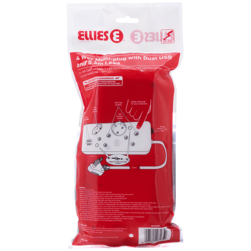Ellies 4-Way Multiplug - 2 x USB 2.4a - 0.4m