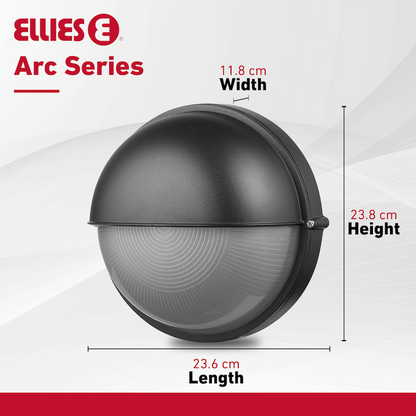 Ellies Arc Series - Large AC Round Bulkhead - Aluminium + Glass - E27 Base -BK