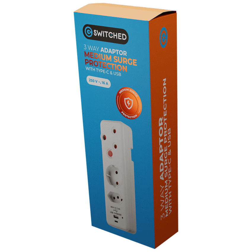 Switched 3-Way Medium Surge Adaptor - Schuko with Type-C + USB