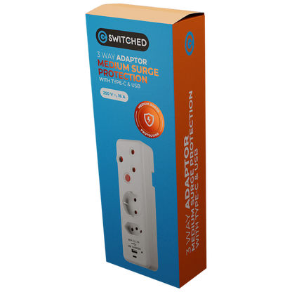 Switched 3-Way Medium Surge Adaptor - Schuko with Type-C + USB