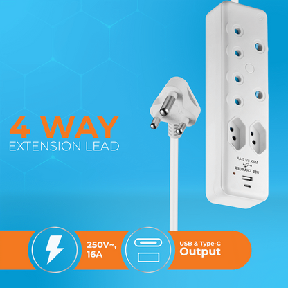 Switched 4-Way Extension Lead with 1x Type-C + 1x USB - 2m