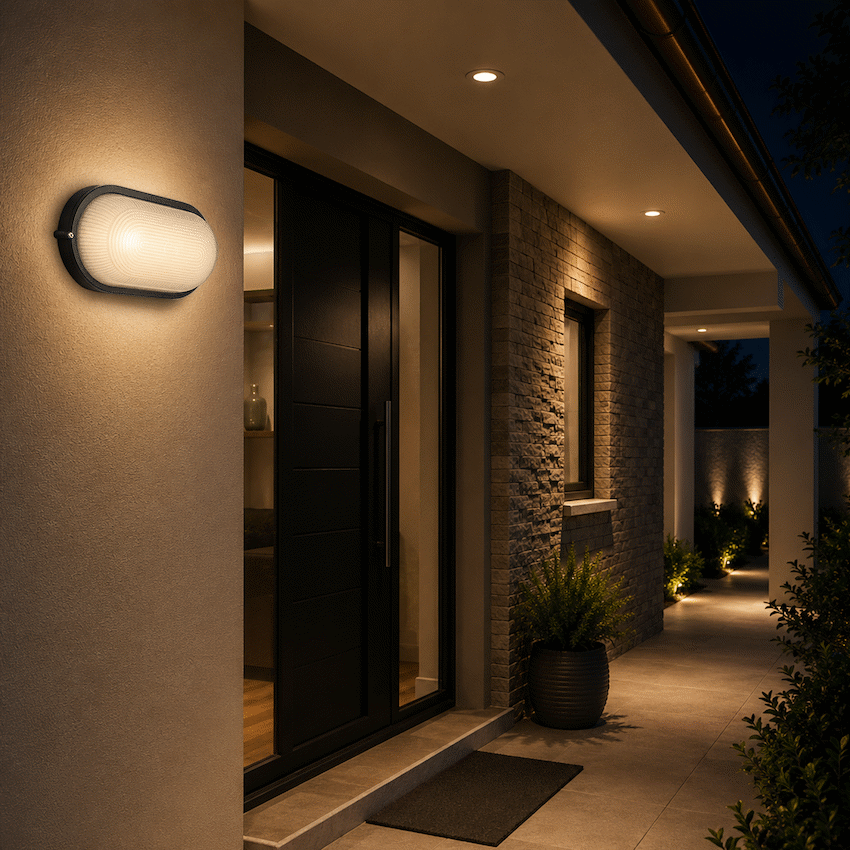 Ellies Illume Series - AC Oval Bulkhead - Aluminium + Glass - E27 Base - BK