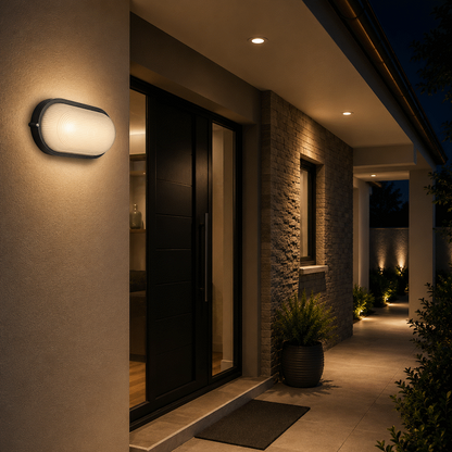 Ellies Illume Series - AC Oval Bulkhead - Aluminium + Glass - E27 Base - BK