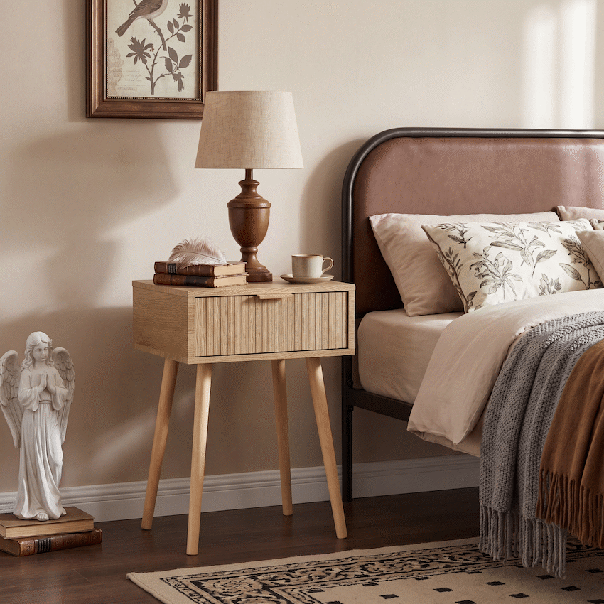 Everfurn Yoko Side Table Wood, Melamine, Pine Wood Legs, 1x Drawer